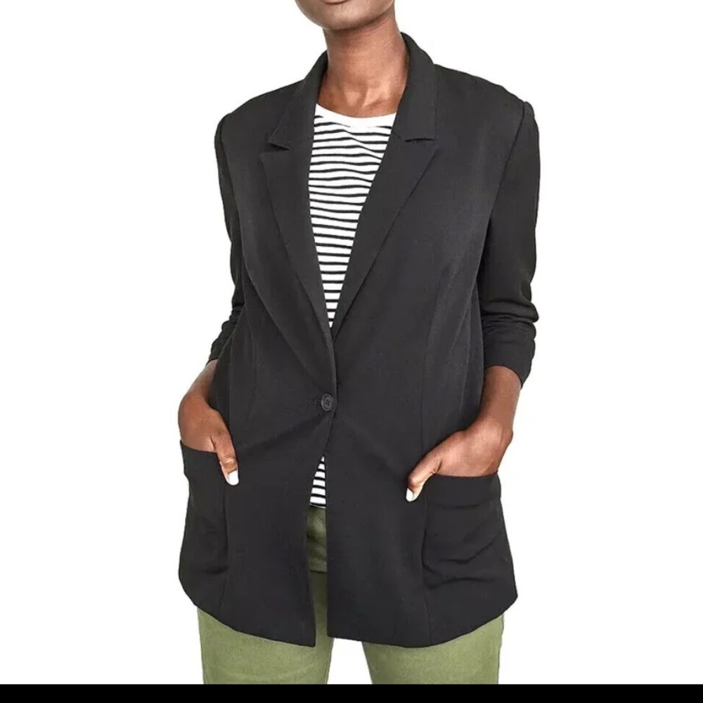 ELIZABETH AND JAMES RUCHED SLEEVE BLAZER BLACK JERSEY ONE BUTTON JACKET